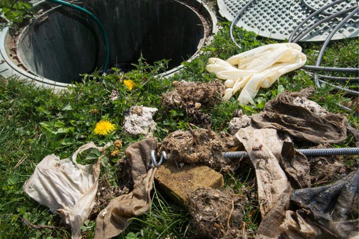 Trash, dirty gloves, and debris scattered on grass near an open manhole with hoses and a grate partially covering the opening. Yellow dandelions are visible among the grass.