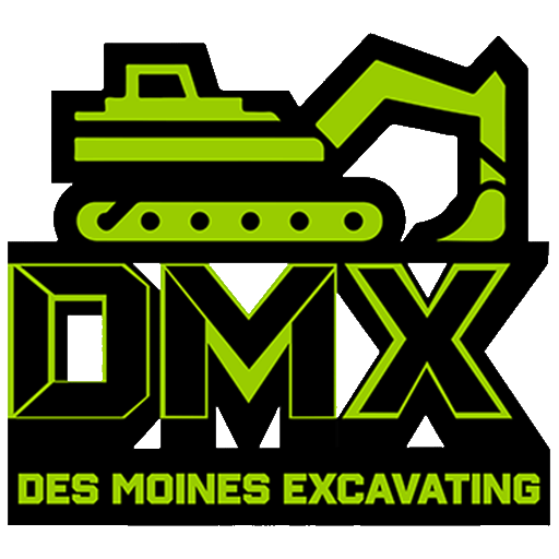 Logo for Des Moines Excavating featuring a green and black graphic of an excavator above the bold letters "DMX," with "DES MOINES EXCAVATING" written below in a matching green font.