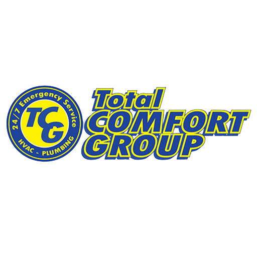Logo for Total Comfort Group, featuring “TCG” in a blue and yellow circle labeled “24/7 Emergency Service HVAC - Plumbing,” next to bold yellow and blue text reading “Total Comfort Group.”.