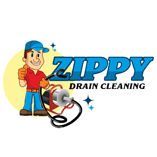 Cartoon plumber in a red shirt and blue cap stands smiling with a thumbs up, next to a drain cleaning machine. The text "ZIPPY DRAIN CLEANING" is displayed in bold blue and black letters with sparkling accents.