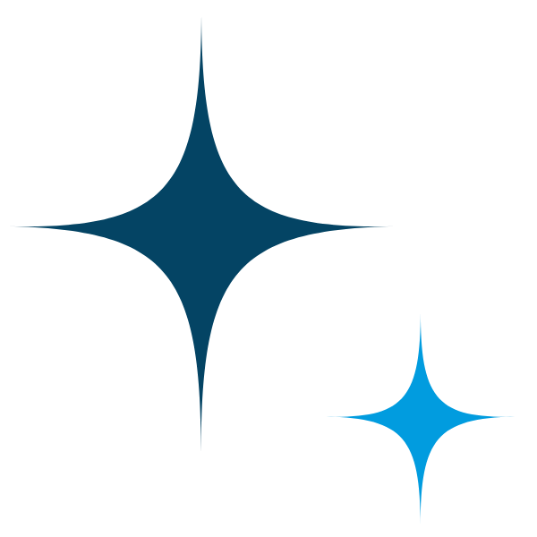 Two four-pointed star shapes on a light gray background; one is large and dark blue on the left, and the other is smaller and light blue on the lower right.