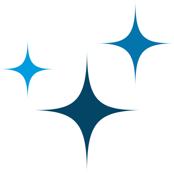 Three blue star-like sparkles of varying sizes on a light gray background, each with four pointed, elongated arms suggesting a shiny or sparkling effect.