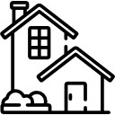 Simple black and white line drawing of a house with two stories, a chimney, a door, windows, and bushes in front.