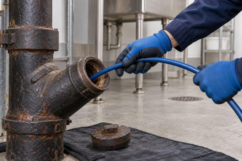 A flexible-shaft descaling cable entering a commercial cast-iron drain cleanout