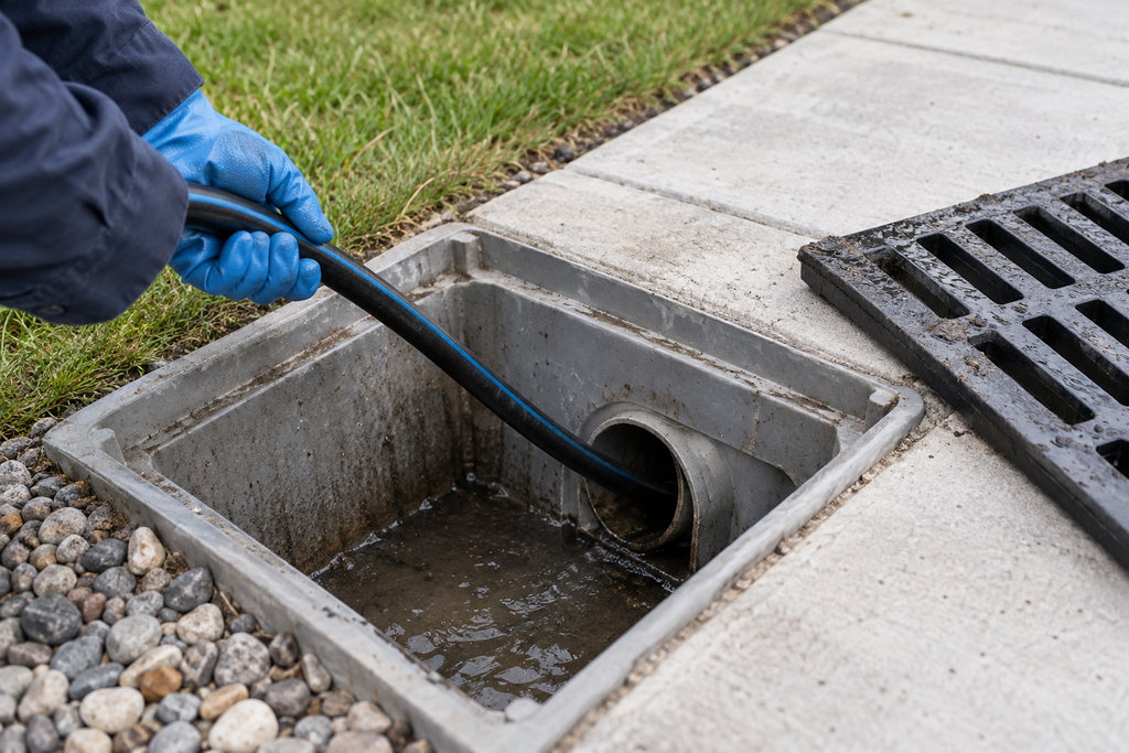A jetter hose entering an outdoor drain line through a drainage basin