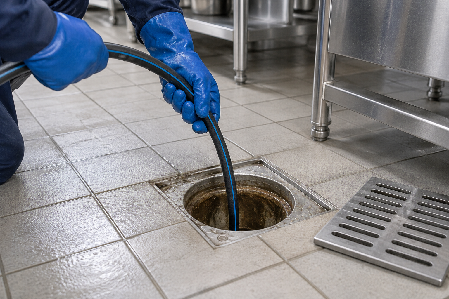A jetter hose cleaning a commercial kitchen drain