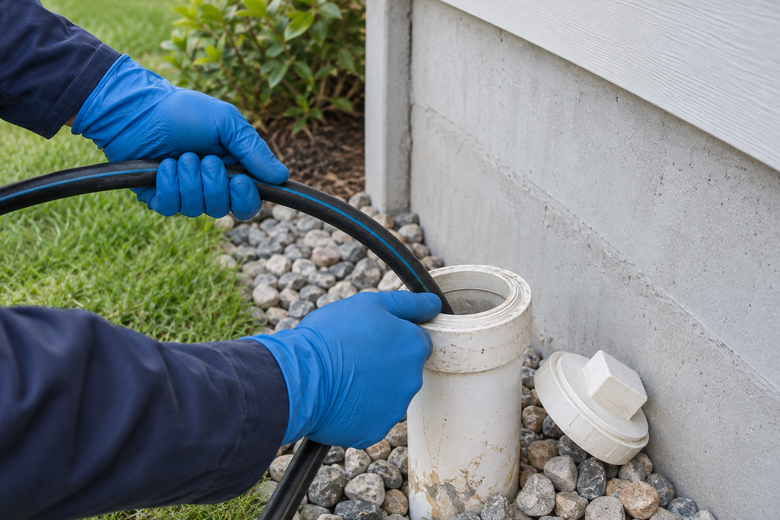 A jetter hose entering an open residential sewer cleanout