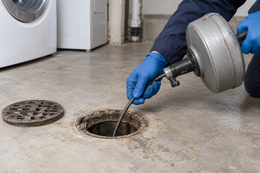 A manual drain auger clearing a basement floor drain