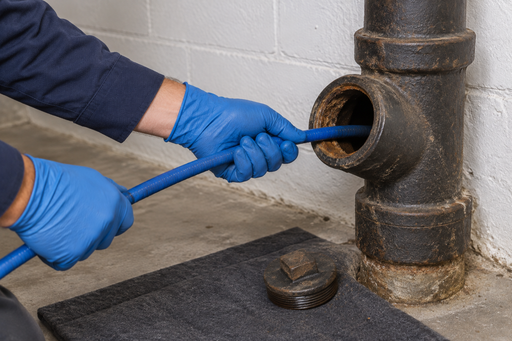 A flexible-shaft descaling cable entering a residential cast-iron drain cleanout