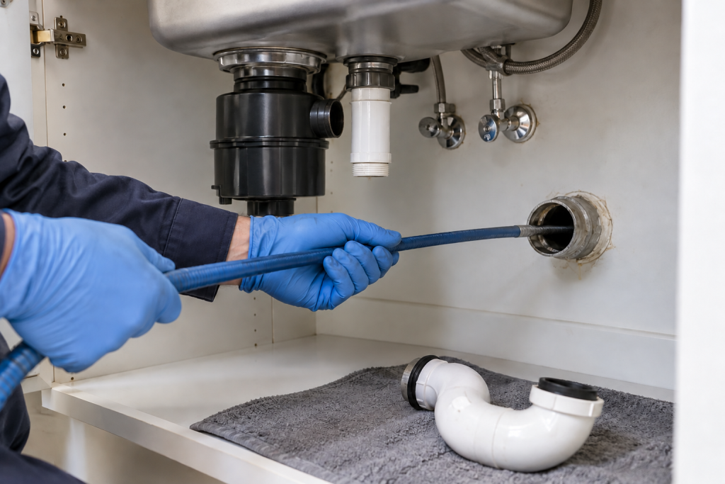 A flexible-shaft cleaning cable entering an accessible kitchen drain line